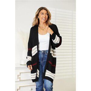 Perfee Striped Rib-Knit Drop Shoulder Open Front Cardigan